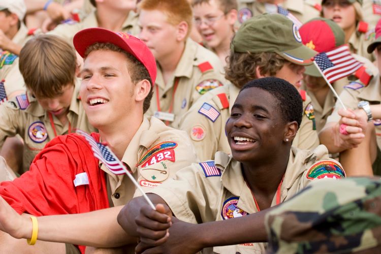 Teenage Scouts celebrating at the National Scout Jamboree.