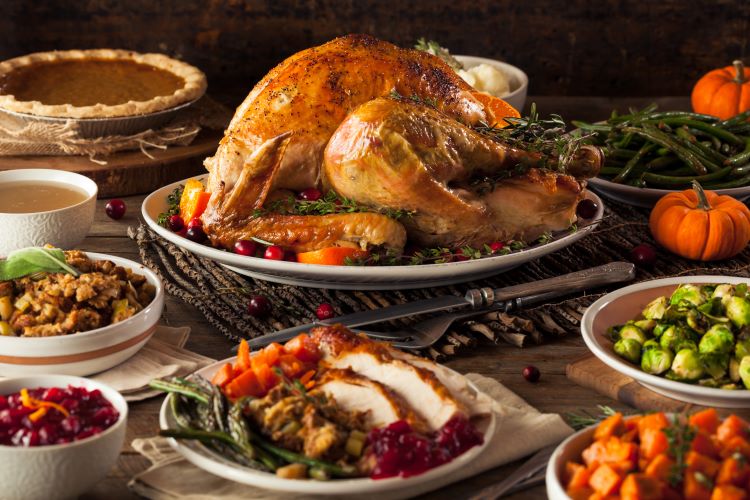 thanksgiving dinner with Turkey, mashed potatoes, and cranberry sauce