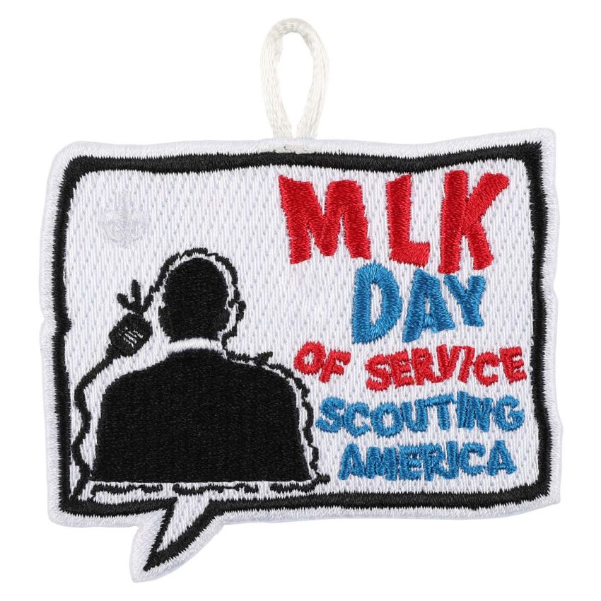 MLK Day of Service Emblem by Scouting America Martin Luther King Day of Service emblem featuring a silhouette of Dr. King and the words "MLK Day of Service – Scouting America."