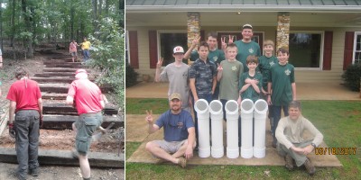 Scouts working on rebuilding wooden steps to prevent soil erosion at Camp Thunder, and group of Scouts with white PVC fishing line recycling stations installed at High Falls State Park.